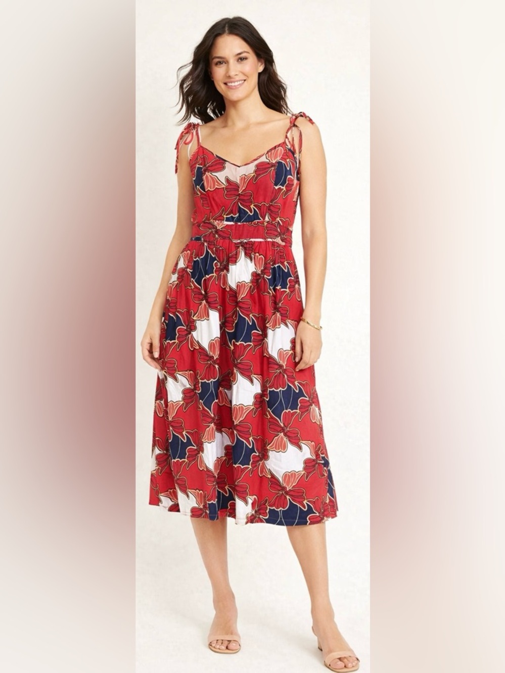 Ann Taylor Factory Red Navy Floral Sundress Size 0 Tie Strap Knee length Dress